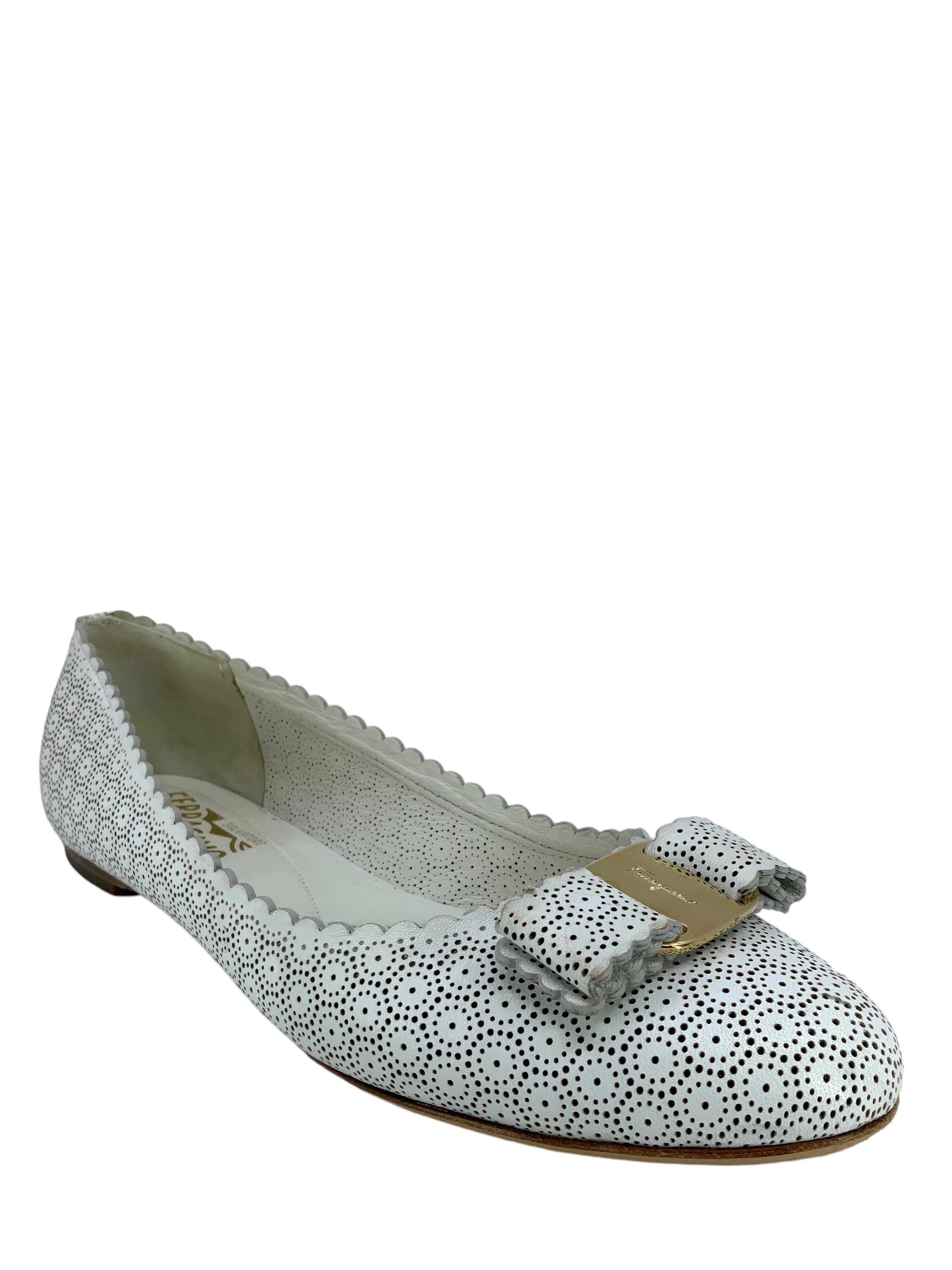 Christian Louboutin Women's White Perforated Printed Flat Point Toe Shoe - Ballerinas