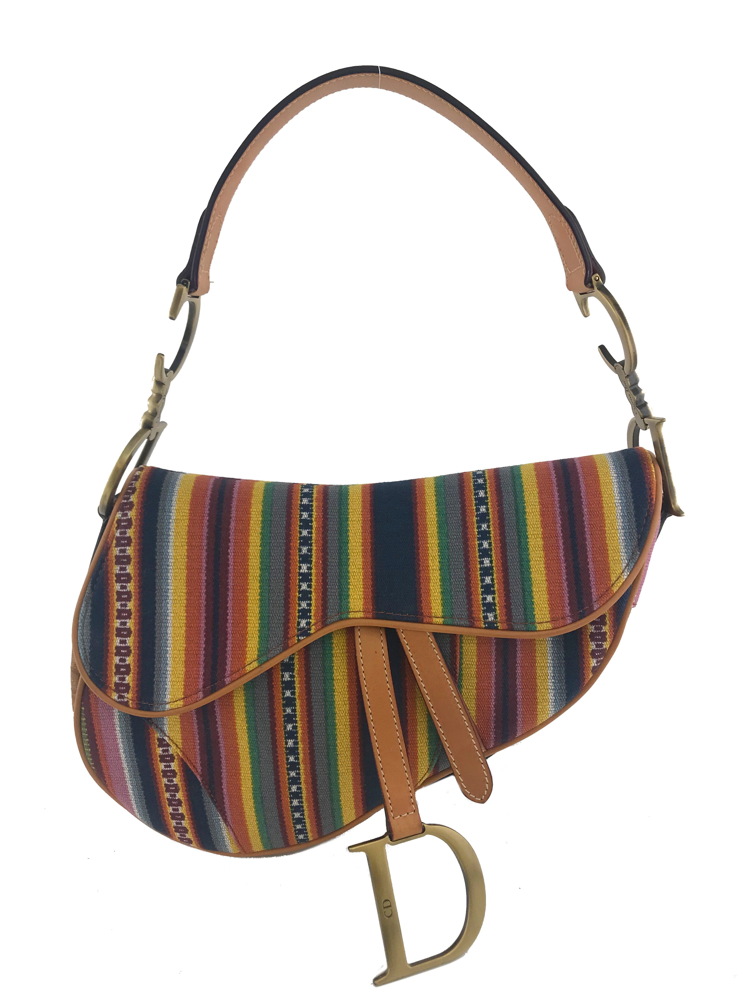 Christian Dior NEW Canvas Multi Stripe Bead Mini Logo Saddle Shoulder  Handle Bag