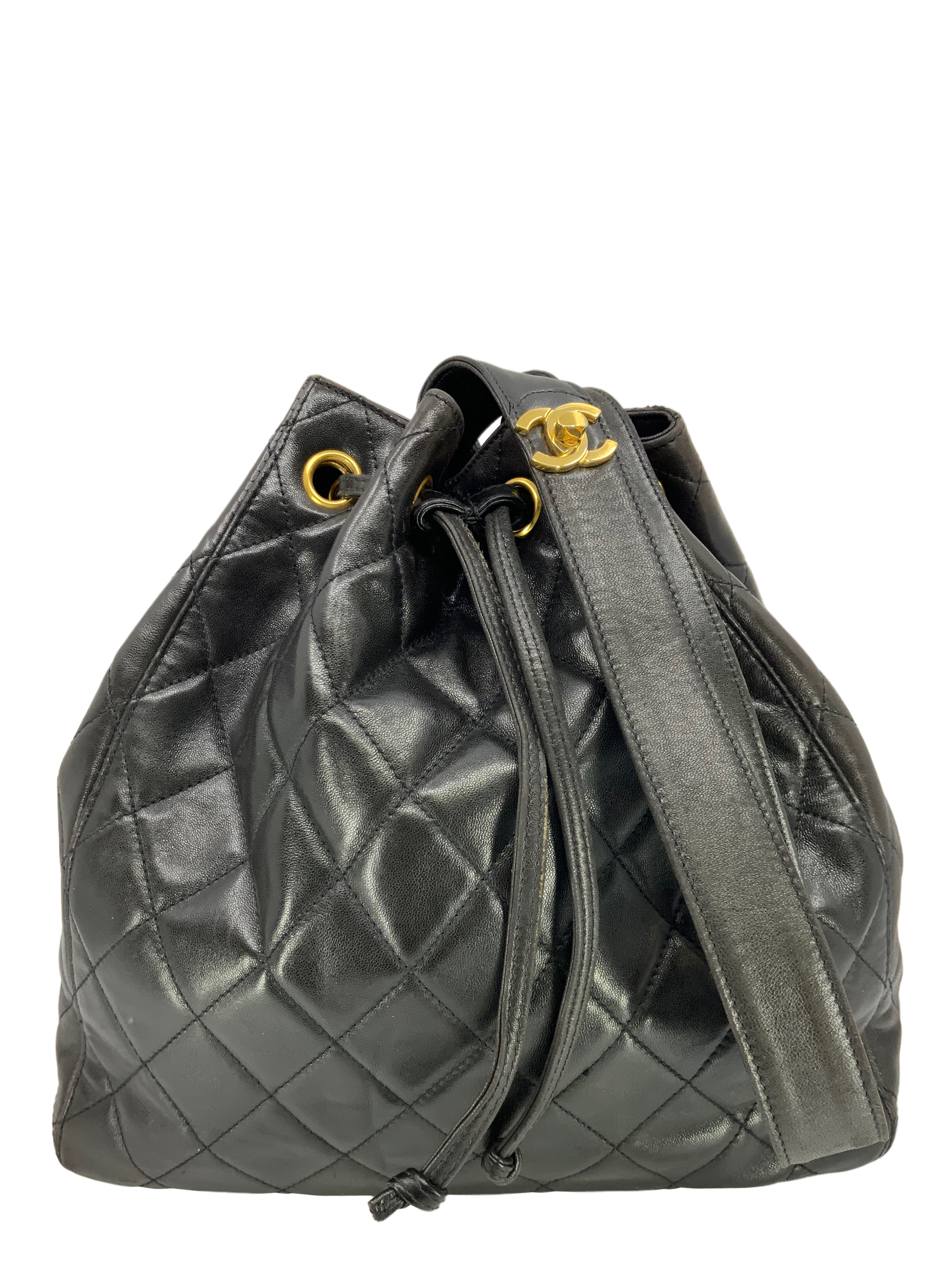 Chanel CC Chain Drawstring Bucket Bag Quilted Lambskin Mini Black