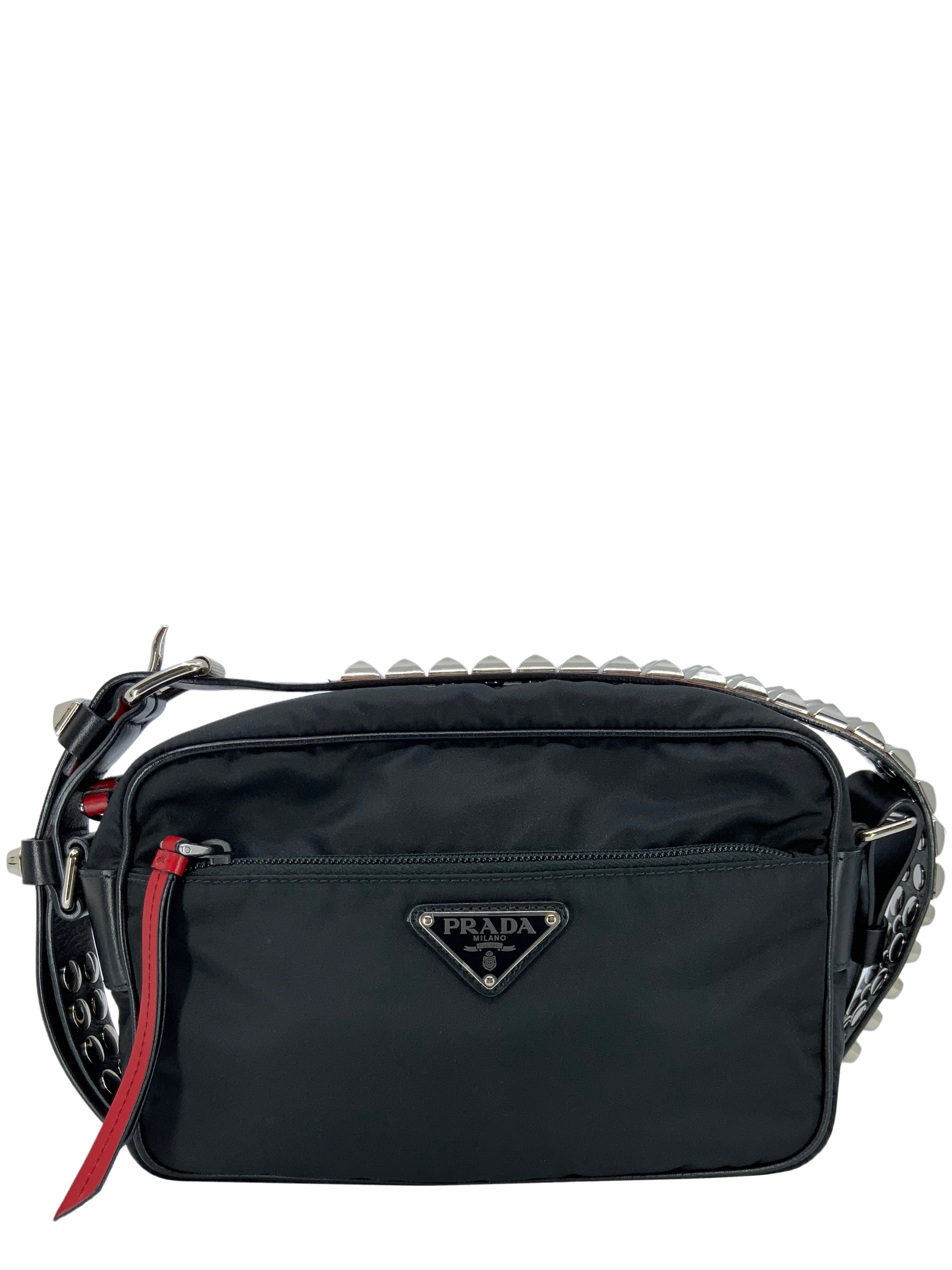 Prada Black/Blue Nylon and Leather New Vela Studded Messenger Bag