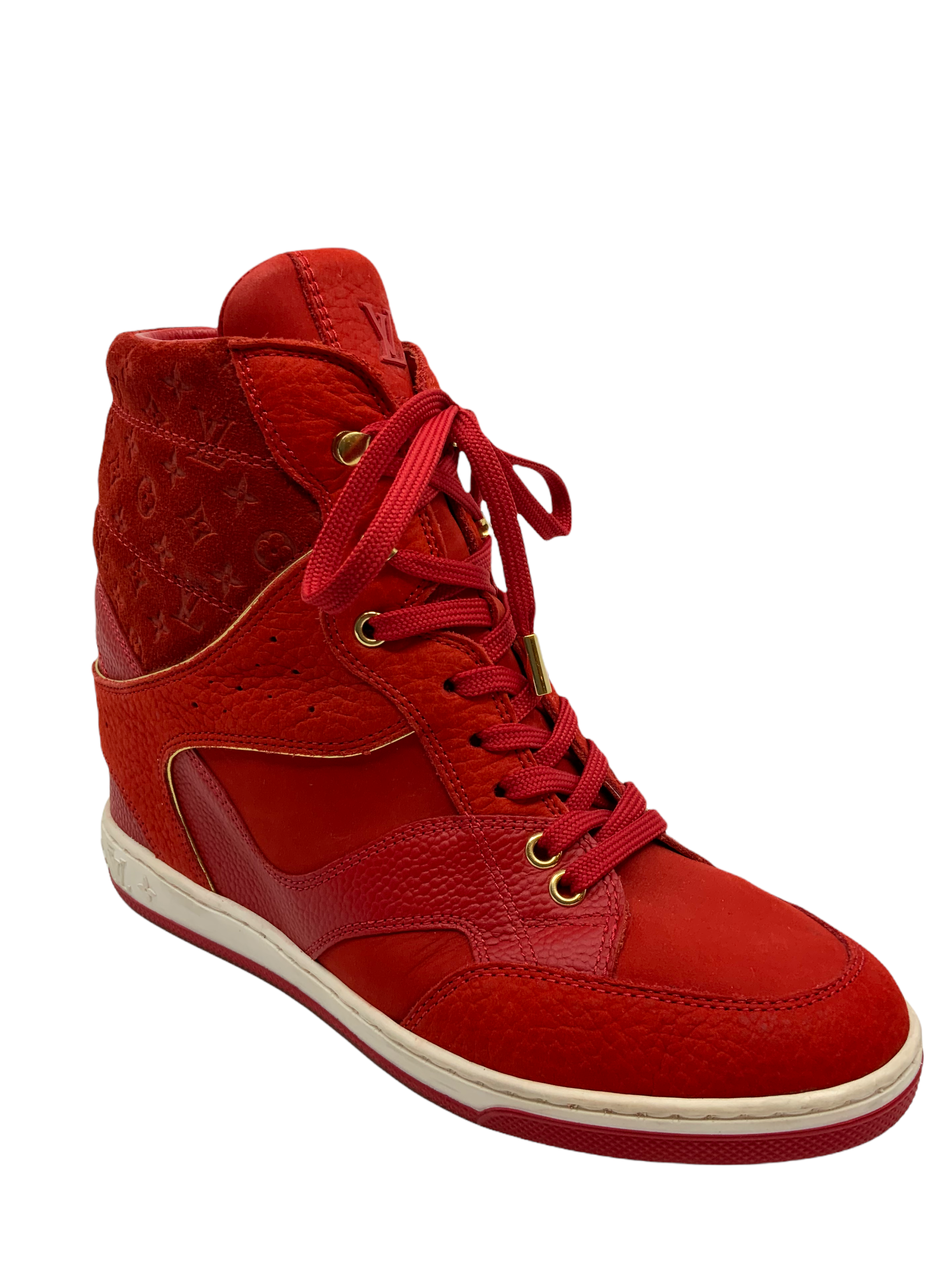 Louis Vuitton Red Leather And Embossed Monogram Suede Millenium Wedge  Sneakers Size 39.5 Louis Vuitton