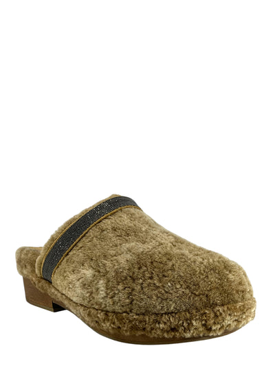 Brunello Cucinelli Shearling Monili Bead Clogs Size 7-Consigned Designs