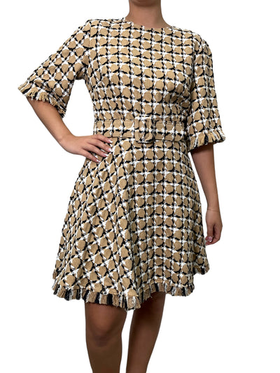 Oscar de la Renta Plaid Tweed Fringe Trim Belted Dress Size M-Consigned Designs