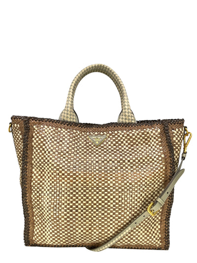 PRADA Leather Woven Large Madras Tote Bag-Consigned Designs