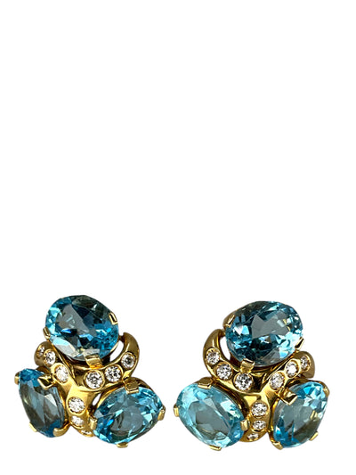 Verdura Three Stone Blue Topaz Diamond Earclips Earrings NEW-Consigned Designs