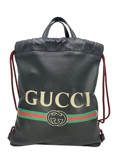 Gucci Logo Print Calfskin Leather Drawstring Backpack Bag-Consigned Designs