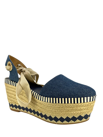 Tory Burch Denim Dandy Ankle Wrap Espadrille Wedge Sandals Size 7.5-Consigned Designs