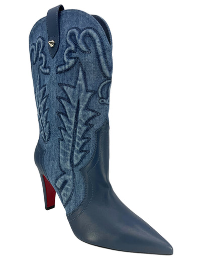 Christian Louboutin Santiabooty Embroidered Denim Western Boots Size 8 NEW-Consigned Designs