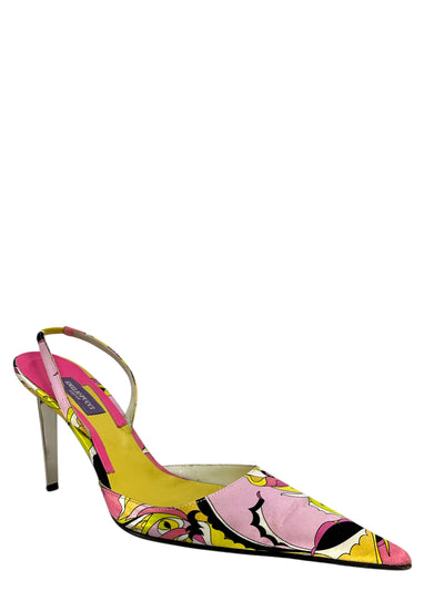 EMILIO PUCCI Satin Abstract Printed Slingbacks Size 6.5-Consigned Designs