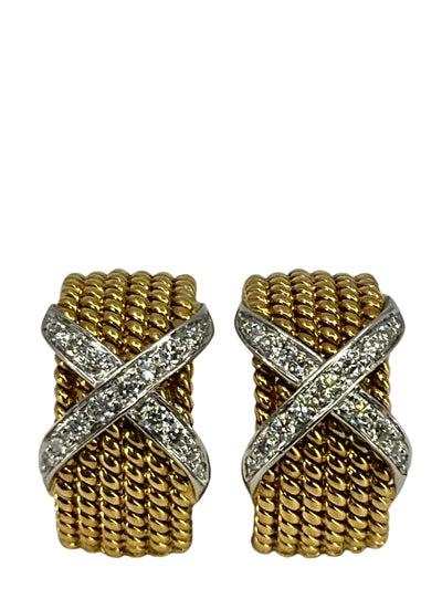 Tiffany & Co. Schlumberger Rope Six Row X Diamond & Platinum 18K Yellow Gold Ear Clips-Consigned Designs