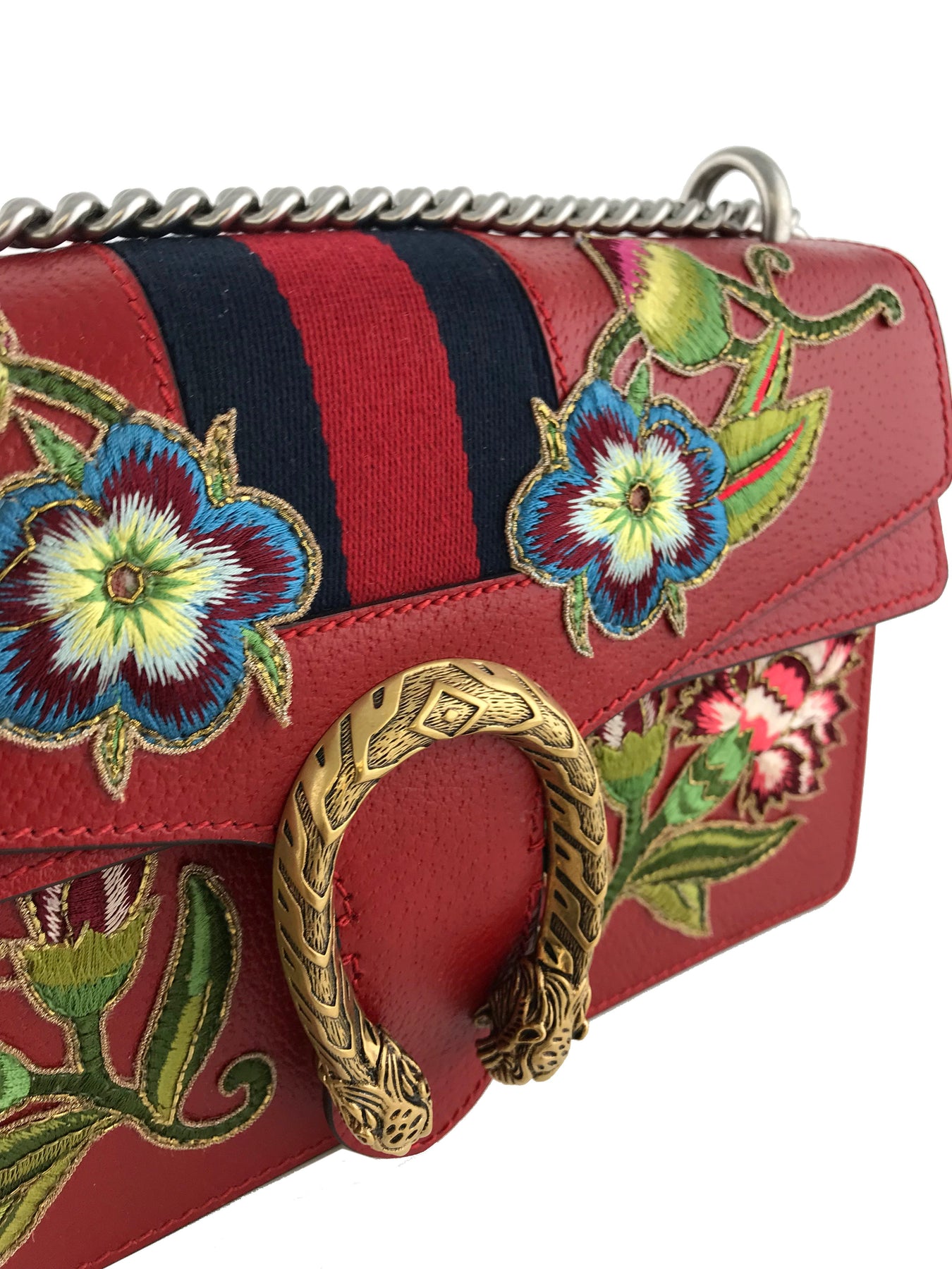 GUCCI Calfskin Web Floral Embroidered Small Dionysus Shoulder Bag