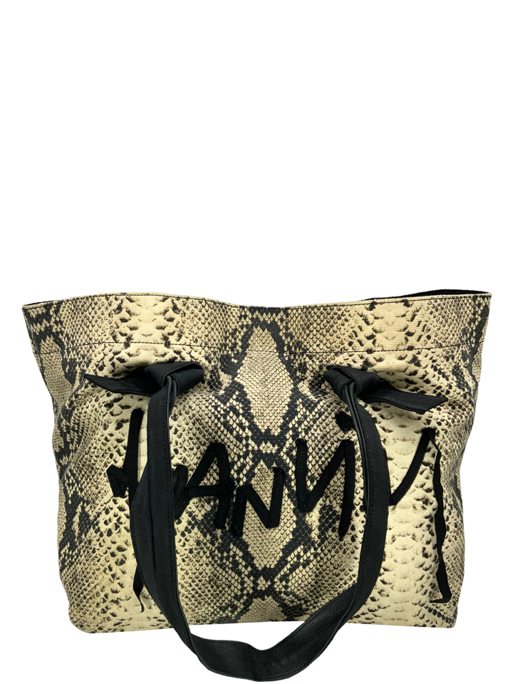 LANVIN Python Snakeskin Printed Canvas Ribbon Logo Tote Consigned Designs