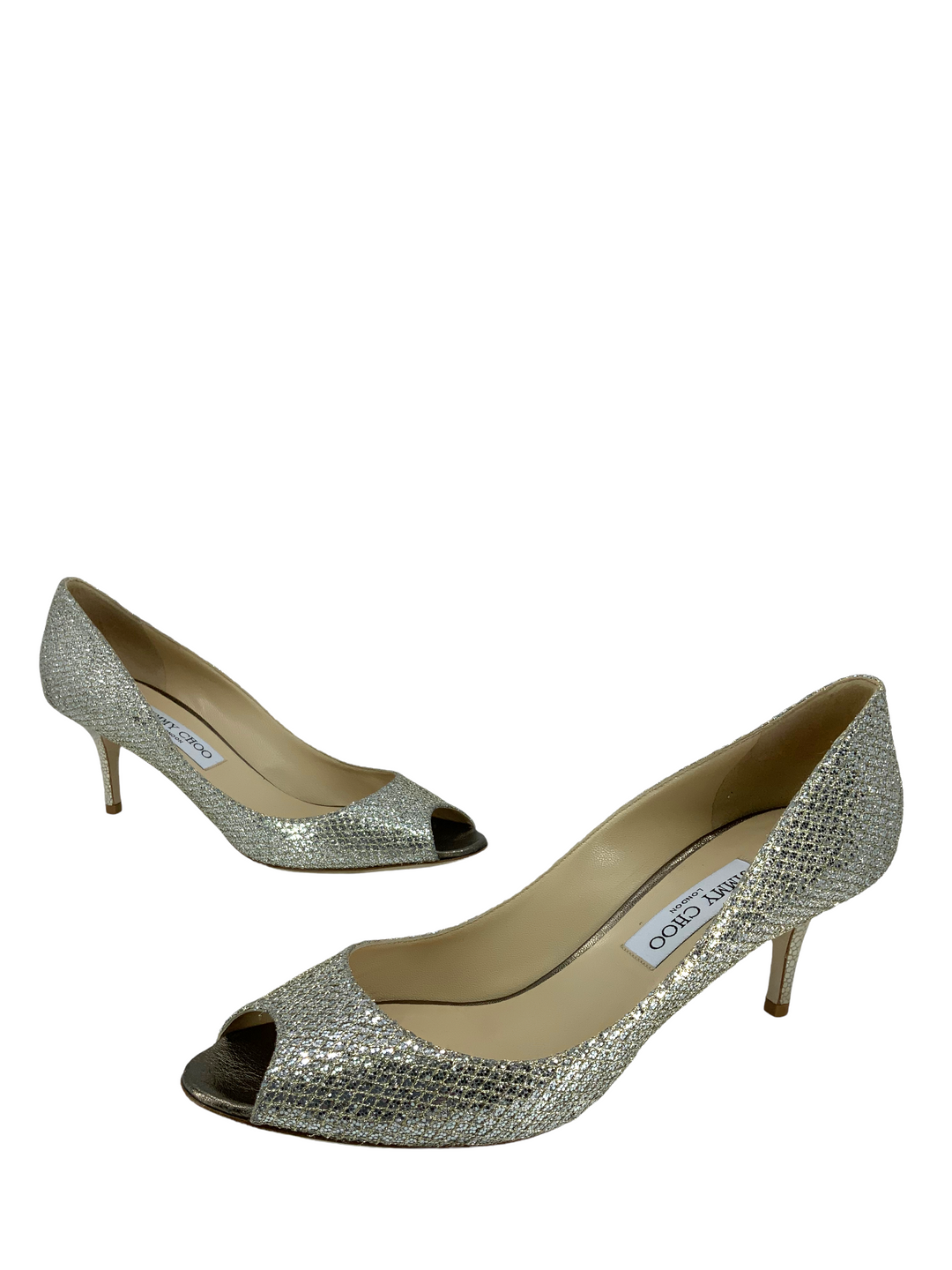 Jimmy Choo Metallic Silver Glitter Fabric newest Dahlia Platform Peep Toe Pumps Sz 39.5