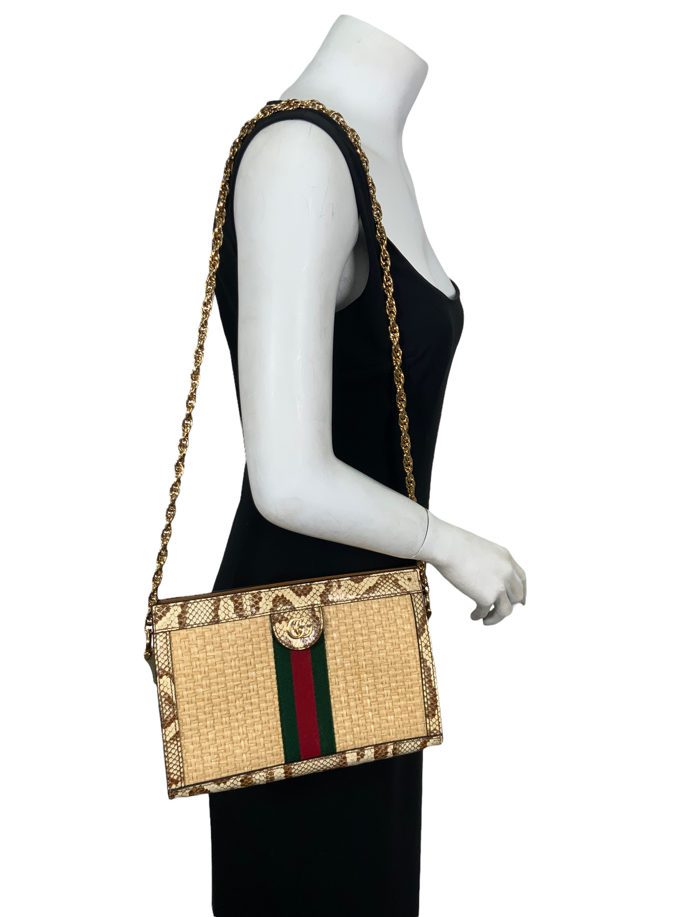 Gucci Ophidia straw shoulder bag snake leather