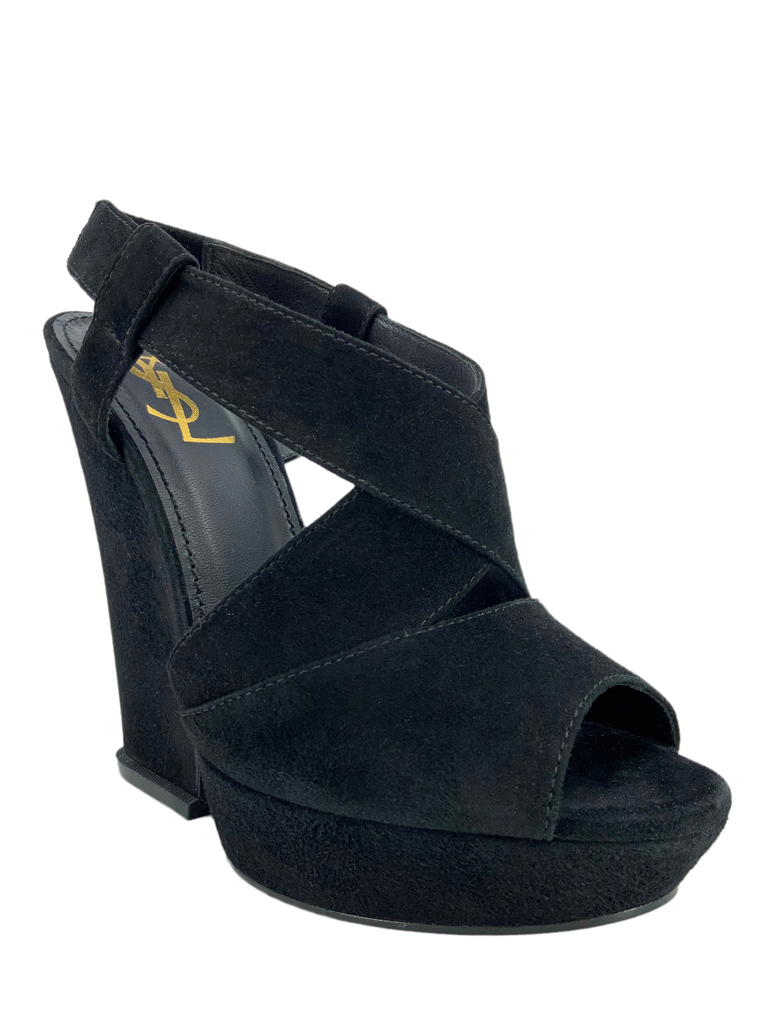 Yves Saint Laurent popular green suede wedge heels