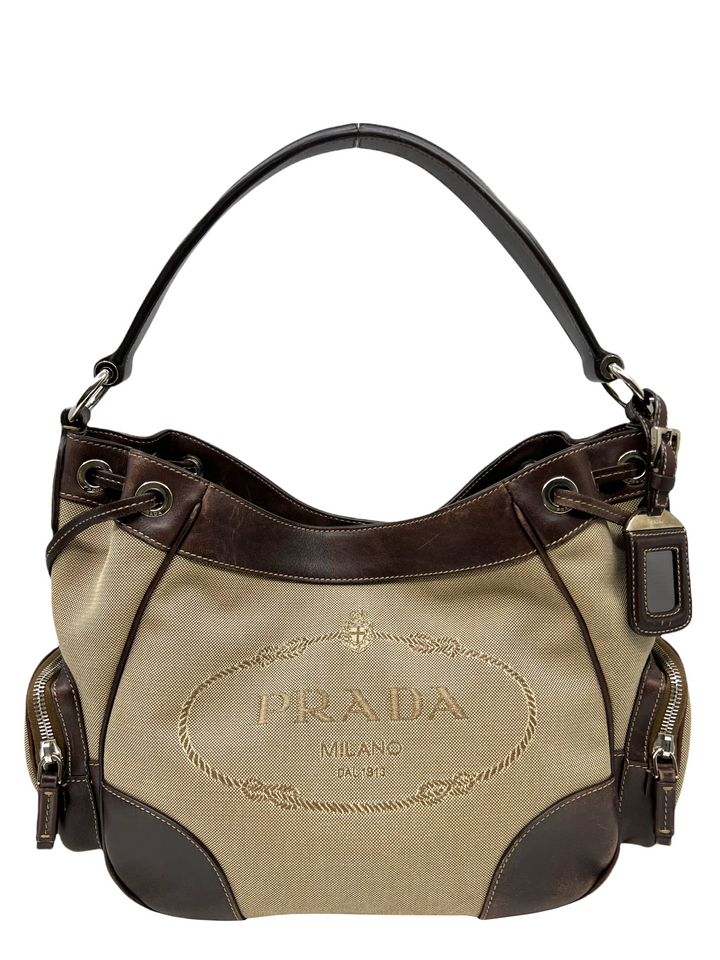 PRADA canvas vintage sale shoulder / tote bag Brown leather Jacquard Logo Hobo