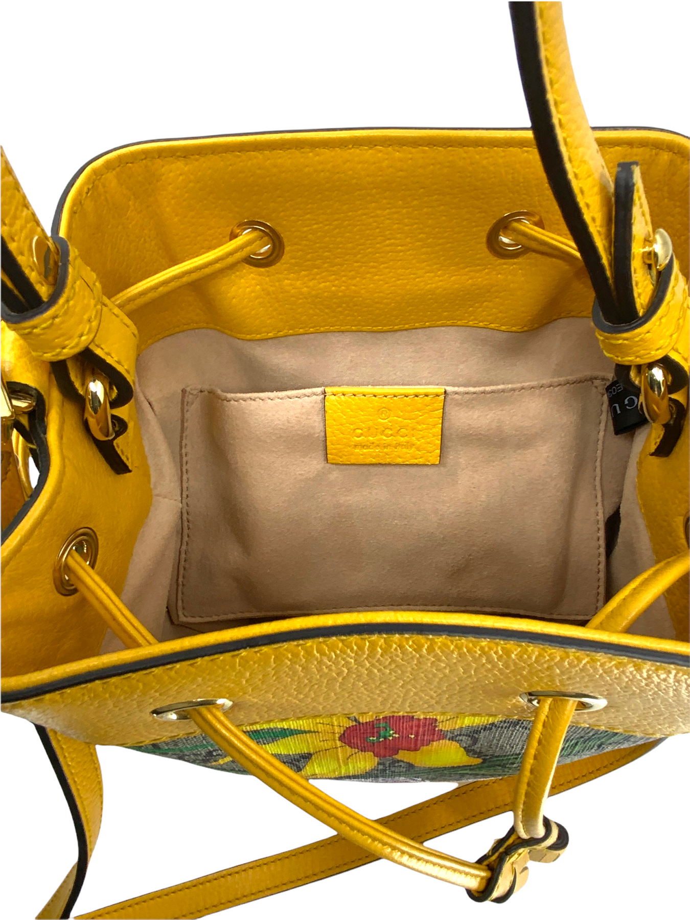 Gucci GG supreme monogram flora bucket bag with yellow leather